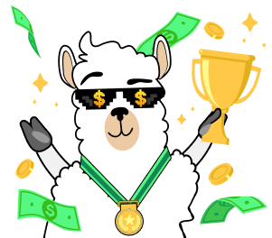 Lama mascotte con trofeo e denaro a simboleggiare pagamenti e vincite sicure