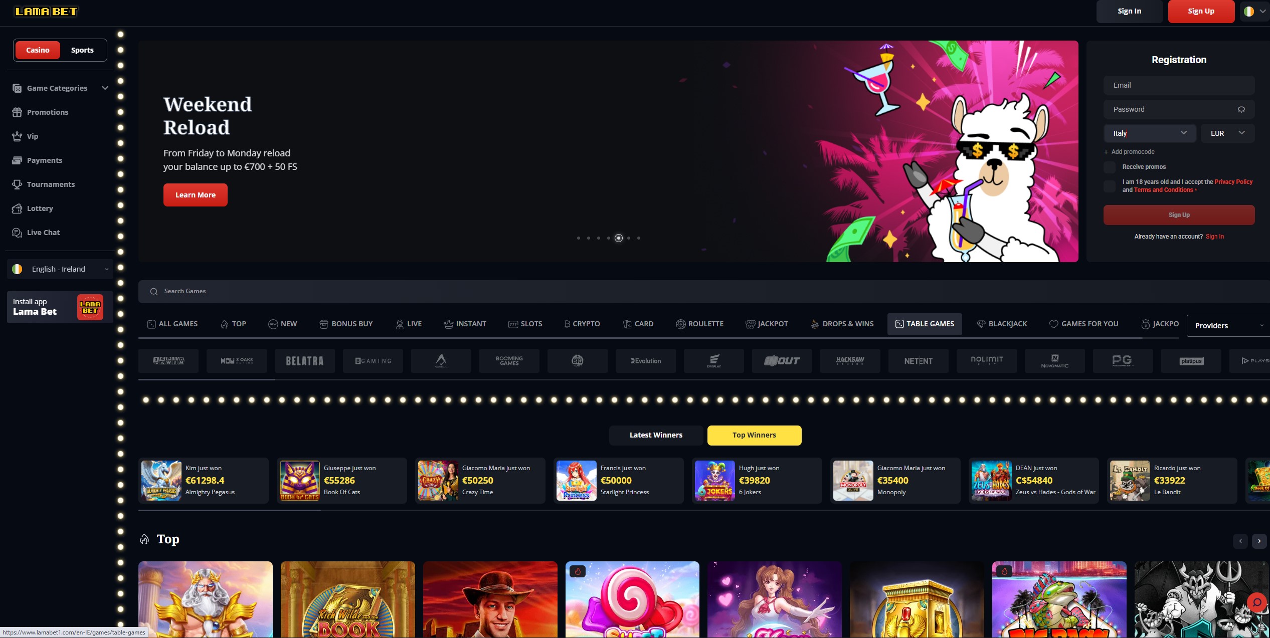 Screenshot della homepage di LamaBet che mostra l'interfaccia utente.
