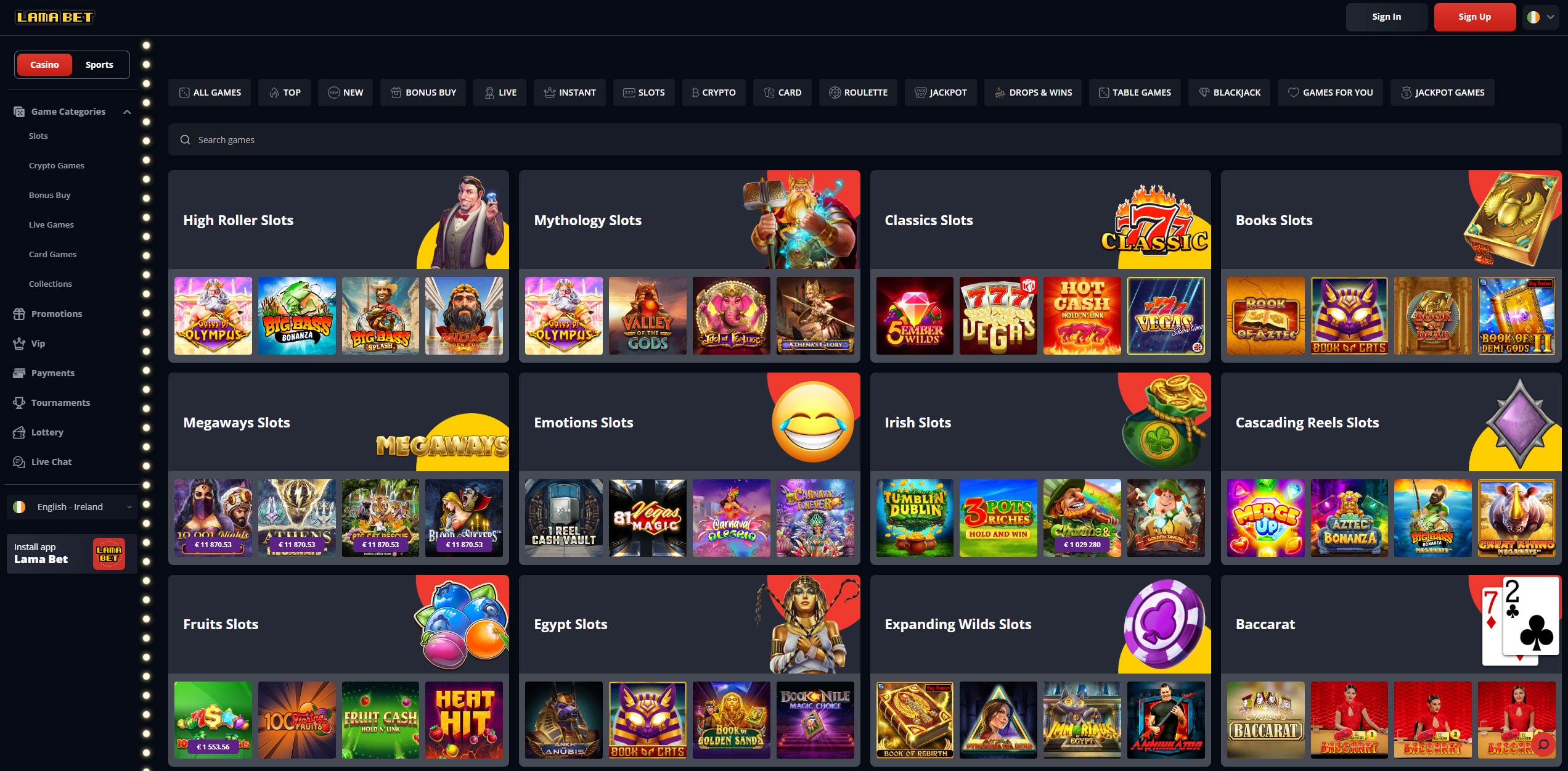 Screenshot della lobby dei giochi di LamaBet Casino con diverse categorie di slot.